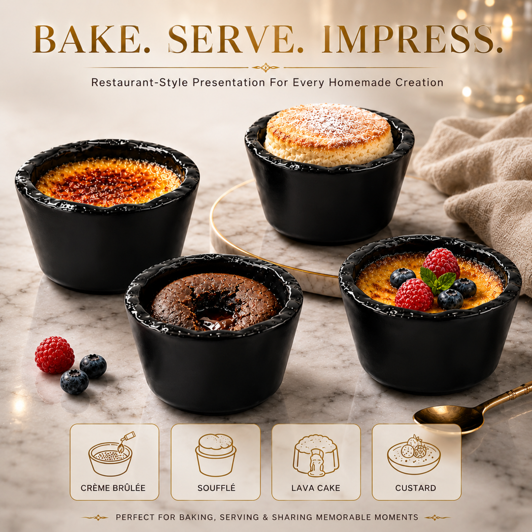 Beram Black Ceramic Soufflé Dish 250ml Ramekin Bowl for Crème Brûlée Custard Pudding & Desserts Oven Safe Microwave Safe Dishwasher Safe Heat Resistant Baking Cup  Soufflé Lava Cake Individual Serving