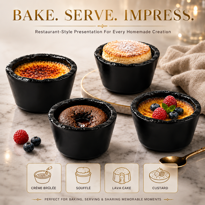 Beram Black Ceramic Soufflé Dish 250ml Ramekin Bowl for Crème Brûlée Custard Pudding & Desserts Oven Safe Microwave Safe Dishwasher Safe Heat Resistant Baking Cup  Soufflé Lava Cake Individual Serving