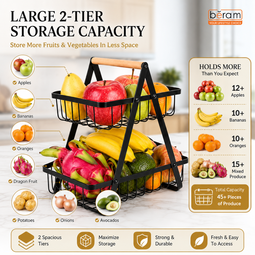 Beram Fruit Basket for Kitchen Counter Metal Wire Fruit Bowl & Vegetable Storage Organizer Rustic Countertop Fruit Holder with Handle for Kitchen, Dining & Pantry