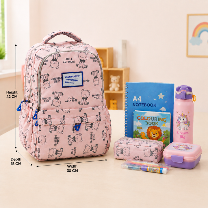 17 Inch Bear Bliss School Backpack Lightweight Multi-Pocket Bookbag with Large Capacity Polyester Adjustable Padded Shoulder Straps Everyday Backpack for School Travel Study Outdoor Use