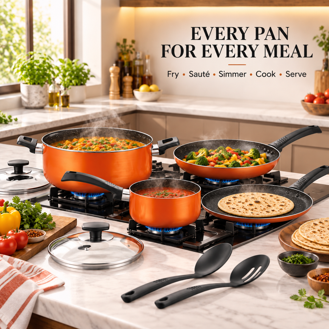 BERGNER ULTRA 8PCS COOKWARE SET, PRESSED ALUMINUM COOKING SET, INDUCTION BOTTOM COOKWARE, MARBLE+ NON-STICK COATING COOKING POTS, SUITABLE FOR ALL STOVES, METALIC ORANGE COLOR