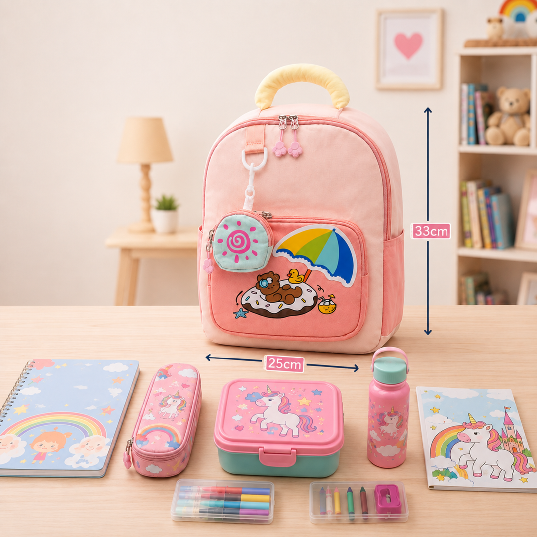 Summer Bear School Backpack for Daily Use, Spacious Multi-Compartment School Bag with Front Zipper Pocket, 2 Side Bottle Pockets, Top Handle, Lightweight Design & Stylish Bear Print