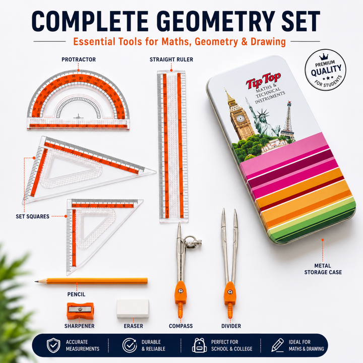 9 Piece Mathematical Geometry Box Set with Metal Tin Case, Compass, Divider, 15 cm Ruler, Protractor, Set Squares, Pencil, Eraser & Sharpener, Geometry Instrument Kit for School Students