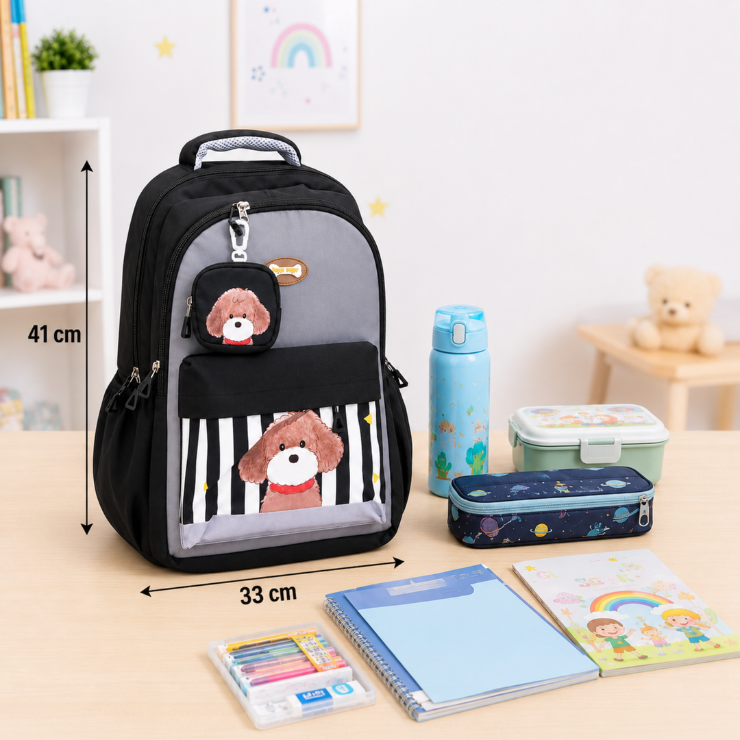 Puppy School Bag, Lightweight Backpack with Multiple Compartments, Front Utility Pocket, Side Bottle Pockets & Adjustable Padded Shoulder Straps