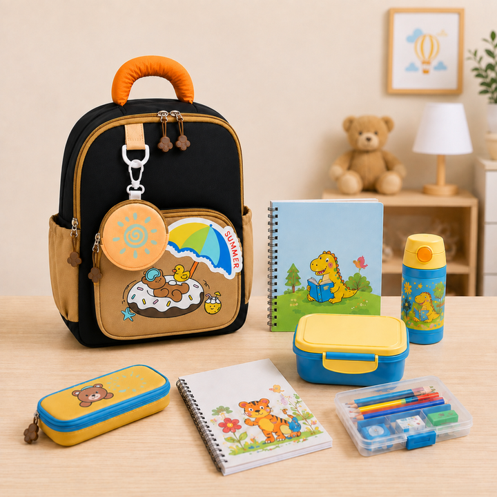 Summer Bear School Backpack for Daily Use, Spacious Multi-Compartment School Bag with Front Zipper Pocket, 2 Side Bottle Pockets, Top Handle, Lightweight Design & Stylish Bear Print