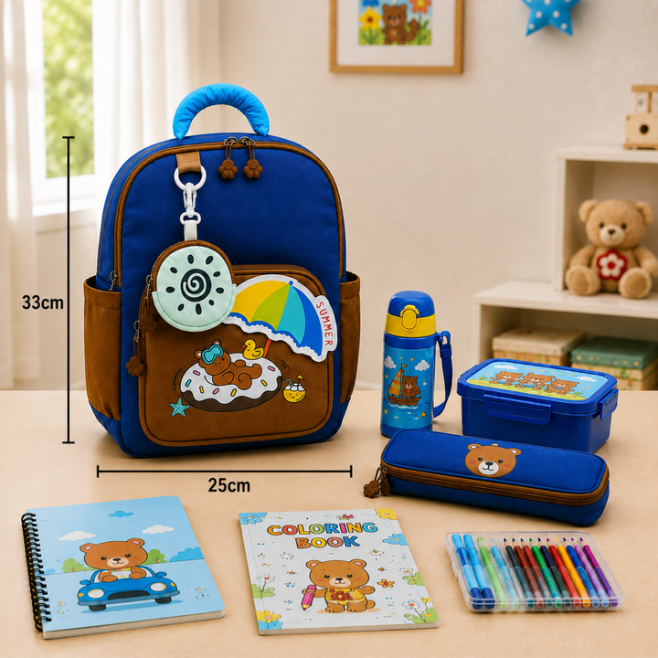 Summer Bear School Backpack for Daily Use, Spacious Multi-Compartment School Bag with Front Zipper Pocket, 2 Side Bottle Pockets, Top Handle, Lightweight Design & Stylish Bear Print