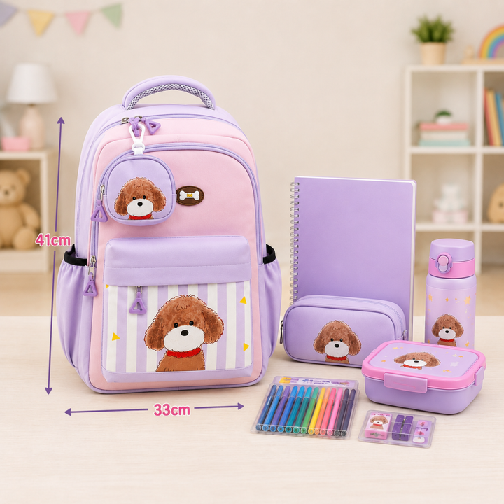 Puppy School Bag, Lightweight Backpack with Multiple Compartments, Front Utility Pocket, Side Bottle Pockets & Adjustable Padded Shoulder Straps