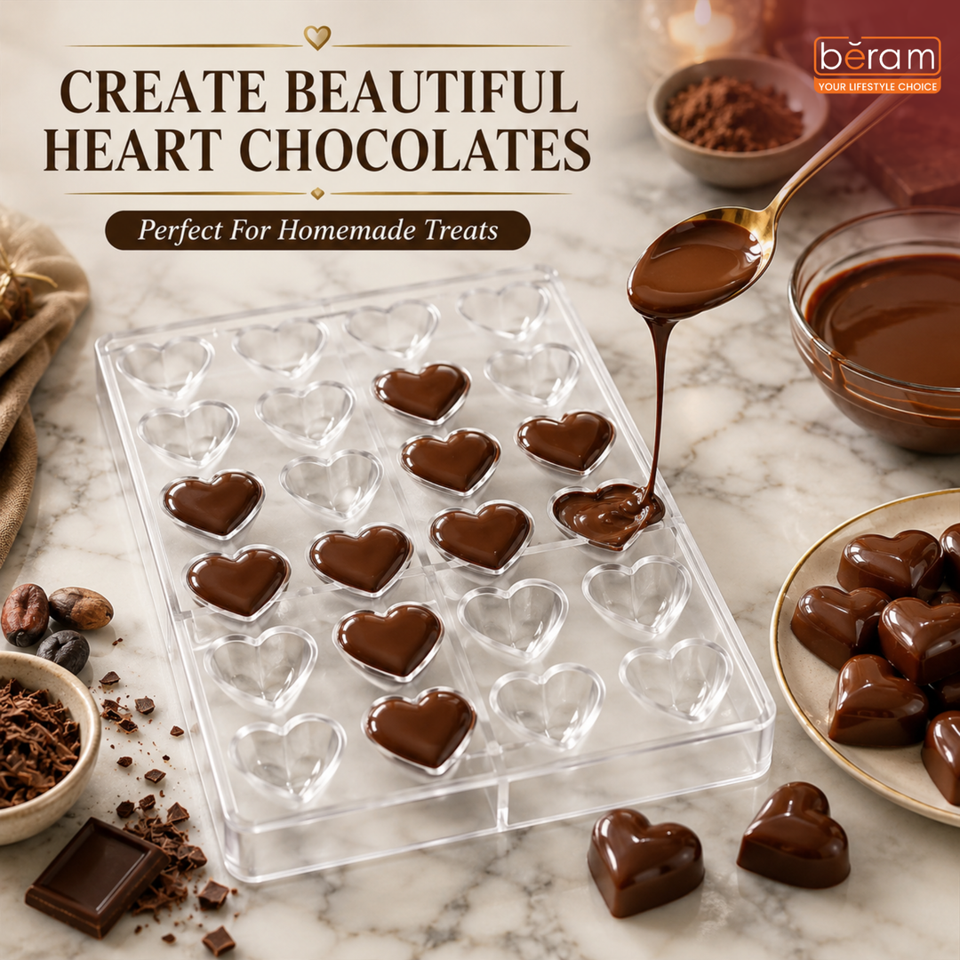 Beram Heart Shape Polycarbonate Chocolate Mold Transparent Durable Food Grade Non Stick Reusable Candy Mould for Making Heart Chocolates Desserts Jelly and Truffles Easy Release Professional Bakeware