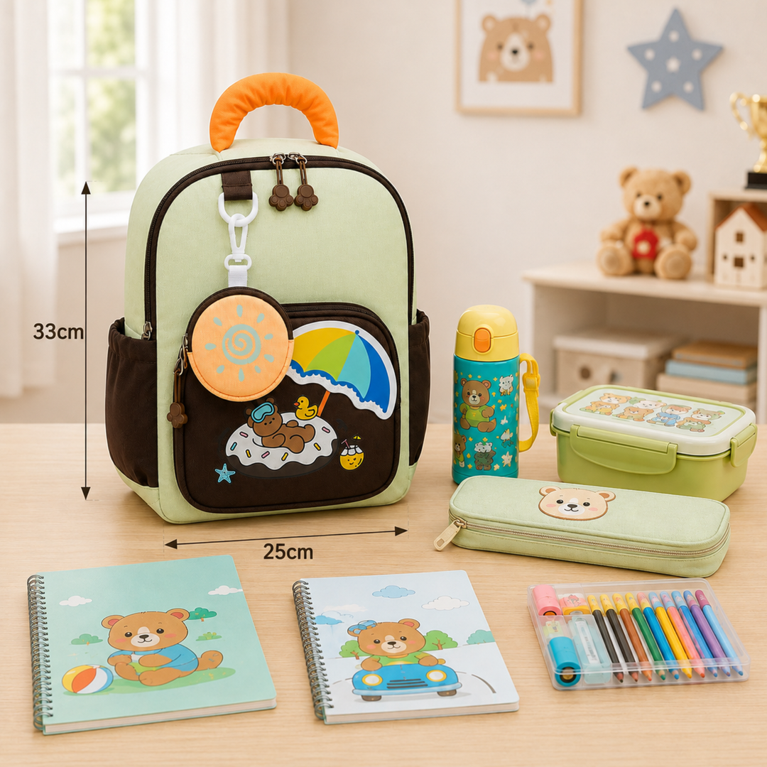 Summer Bear School Backpack for Daily Use, Spacious Multi-Compartment School Bag with Front Zipper Pocket, 2 Side Bottle Pockets, Top Handle, Lightweight Design & Stylish Bear Print