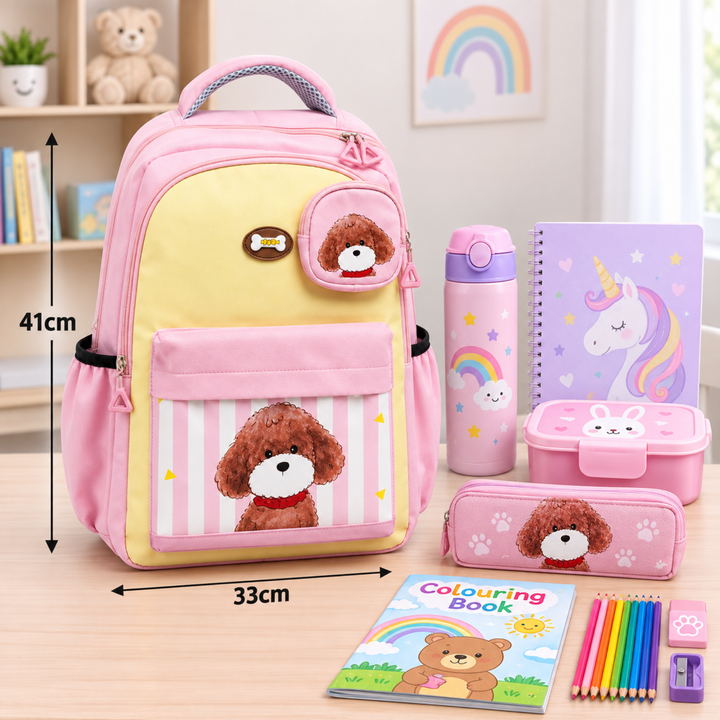 Puppy School Bag, Lightweight Backpack with Multiple Compartments, Front Utility Pocket, Side Bottle Pockets & Adjustable Padded Shoulder Straps