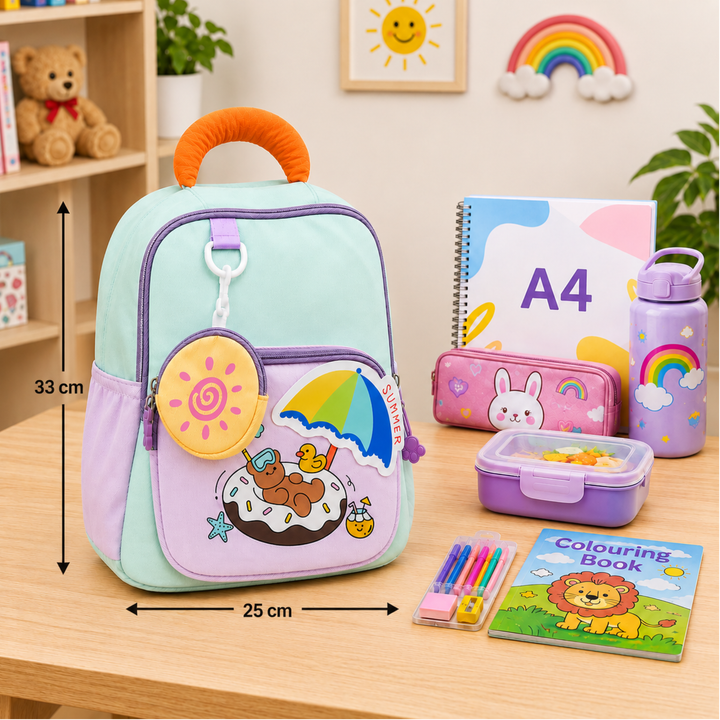 Summer Bear School Backpack for Daily Use, Spacious Multi-Compartment School Bag with Front Zipper Pocket, 2 Side Bottle Pockets, Top Handle, Lightweight Design & Stylish Bear Print