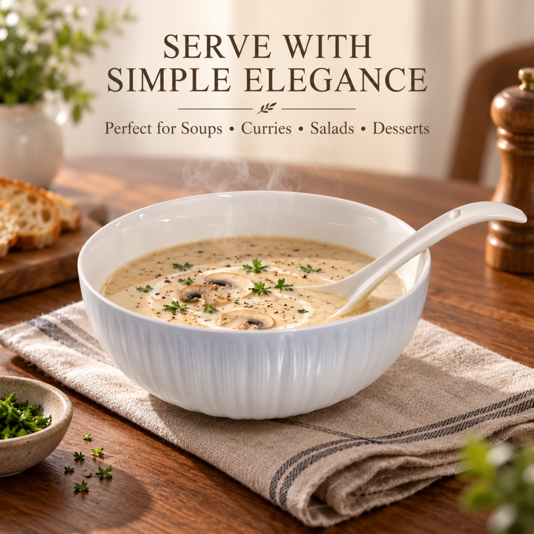 White Ceramic Serving Bowl with Spoon, 20cm Deep Textured Bowl for Soup, Curries, Salads, Desserts & Everyday Food Serving