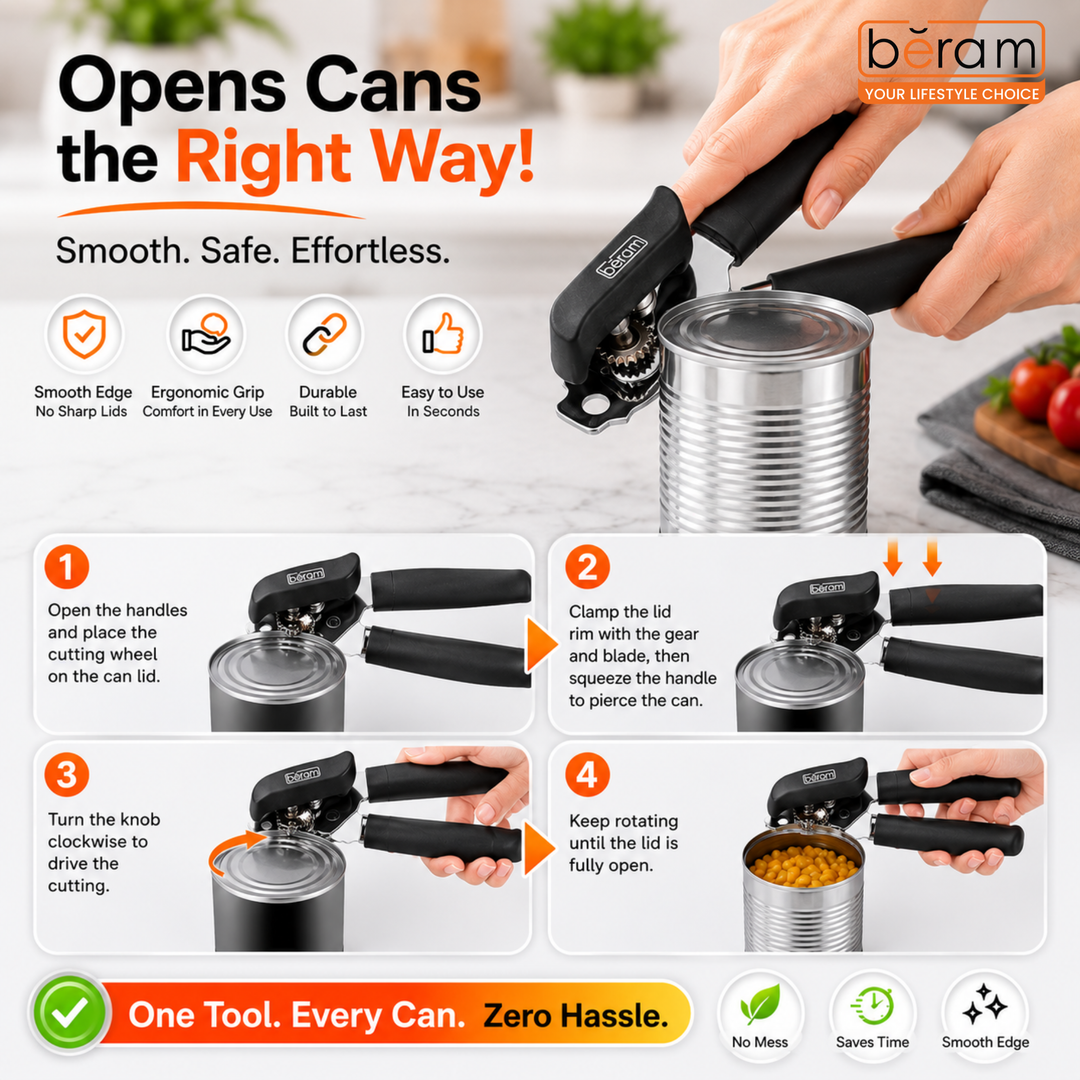 BERAM Manual Can Opener – Heavy-Duty Stainless-Steel Handheld Multi-Opener with Built-In Bottle Opener – Anti-Slip Grip, Large Turn Knob, Black