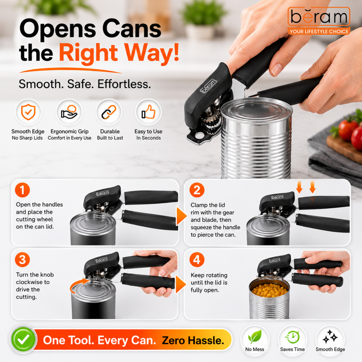 BERAM Manual Can Opener – Heavy-Duty Stainless-Steel Handheld Multi-Opener with Built-In Bottle Opener – Anti-Slip Grip, Large Turn Knob, Black
