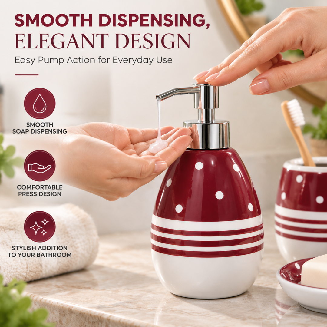 4-Piece Red & White Ceramic Bathroom Accessory Set with Soap Dispenser, Toothbrush Holder, Tumbler & Soap Dish, Polka Dot & Striped Design
