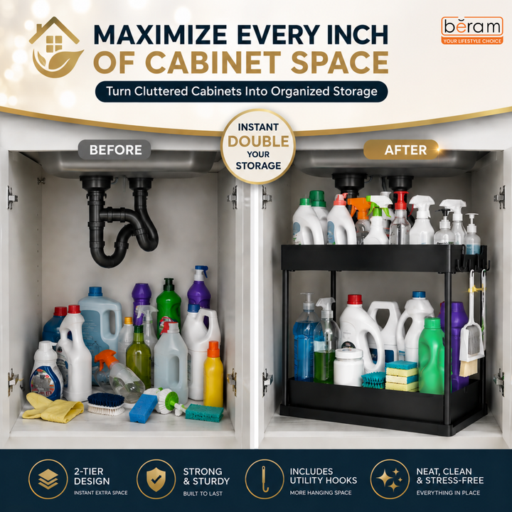 Beram Under Sink Organizer 2-Tier Sliding Cabinet Shelf Rack with Pull Out Drawer Hooks Double Layer Bathroom Kitchen Bedroom Countertop Storage Rack Space Saving Organizer Black