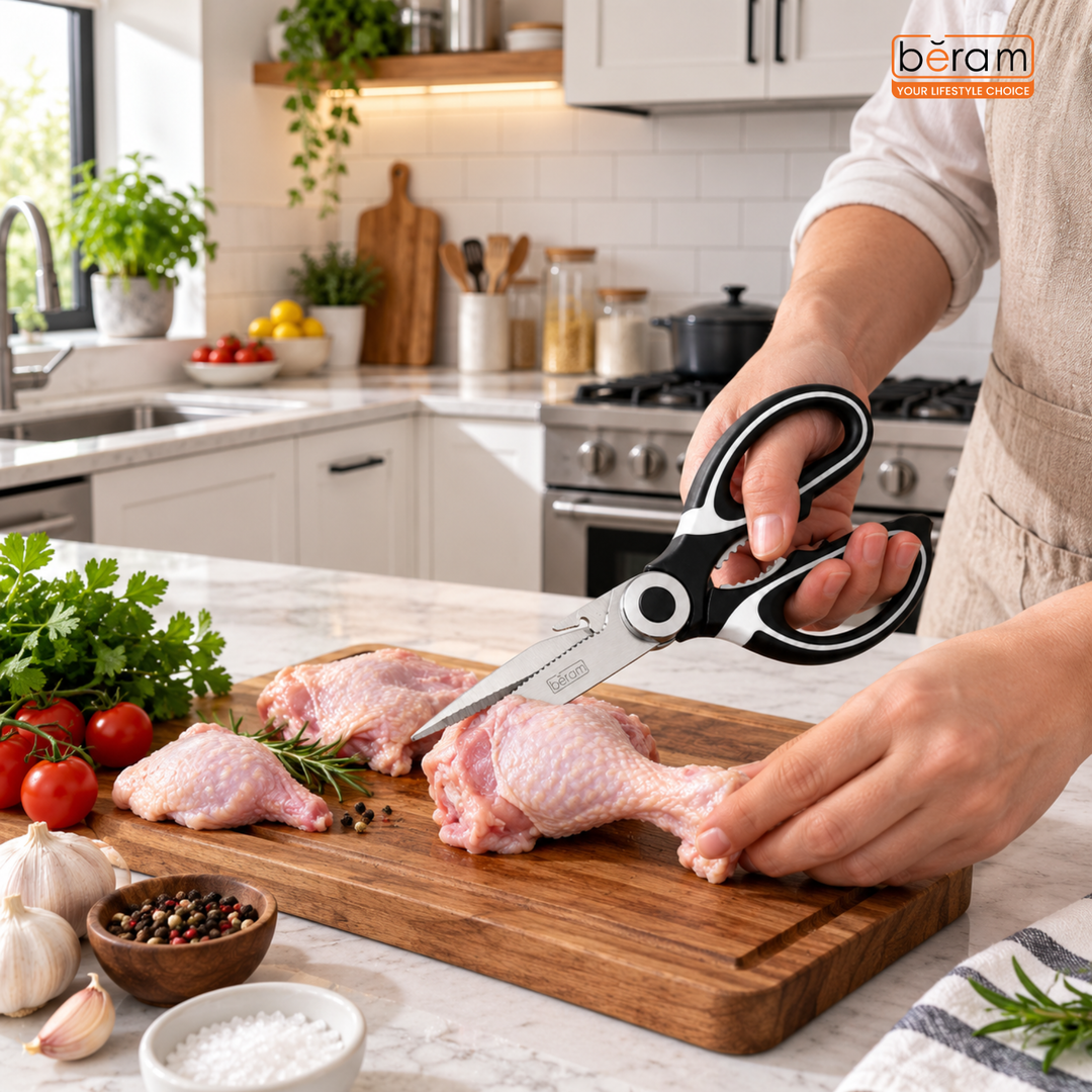BERAM Multipurpose Kitchen Shears with Nutcracker and Can Opener Heavy Duty 2CR13 Stainless Steel Blades Sharp Rustproof Scissors for Cooking and Household Use