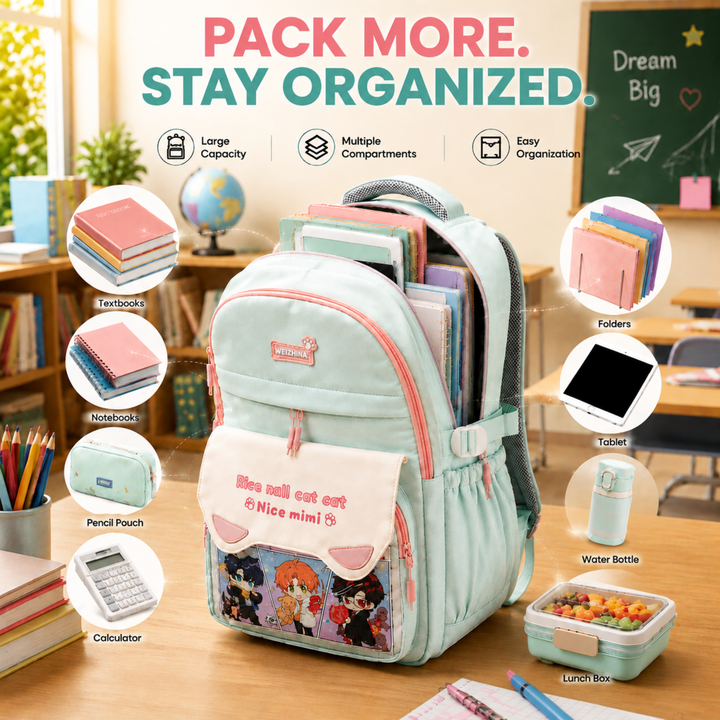 Mimi Meow School Backpack, Cute Cat Water-Resistant Student Backpack with Front Pocket, Lightweight Large Capacity School Bag with Side Bottle Pockets for School & Travel
