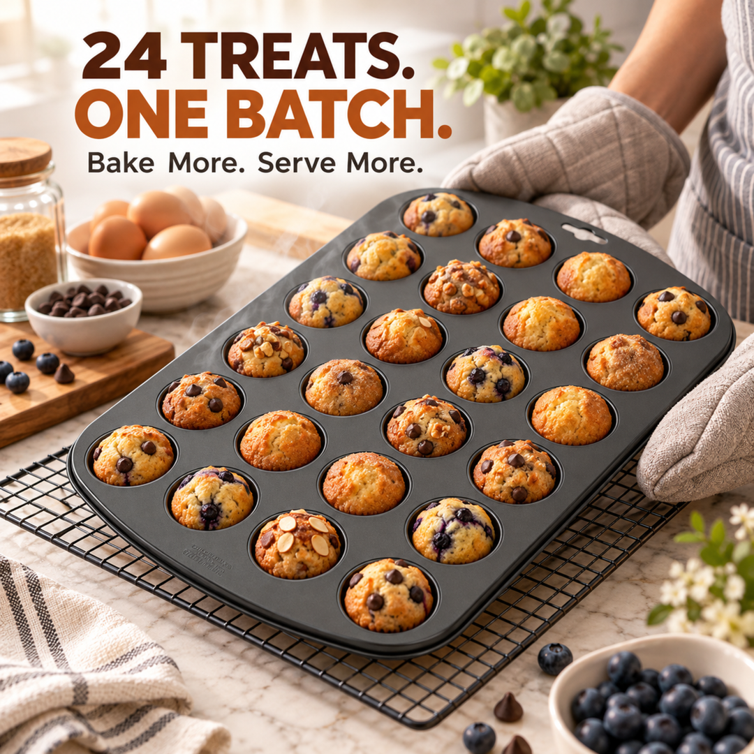 Beram Mini 24 Cupcake Tray Non Stick Carbon Steel Muffin Pan Heavy Duty Oven Safe Bakeware Baking Tray for Cupcakes Muffins Brownies Cookies Pastry Tarts Desserts BPA Free Kitchen Baking Pan