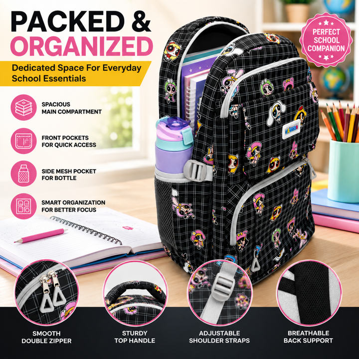 Powerpals School Bag, Lightweight Backpack with Multiple Compartments, Front Utility Pocket, Side Bottle Pockets & Adjustable Shoulder Straps