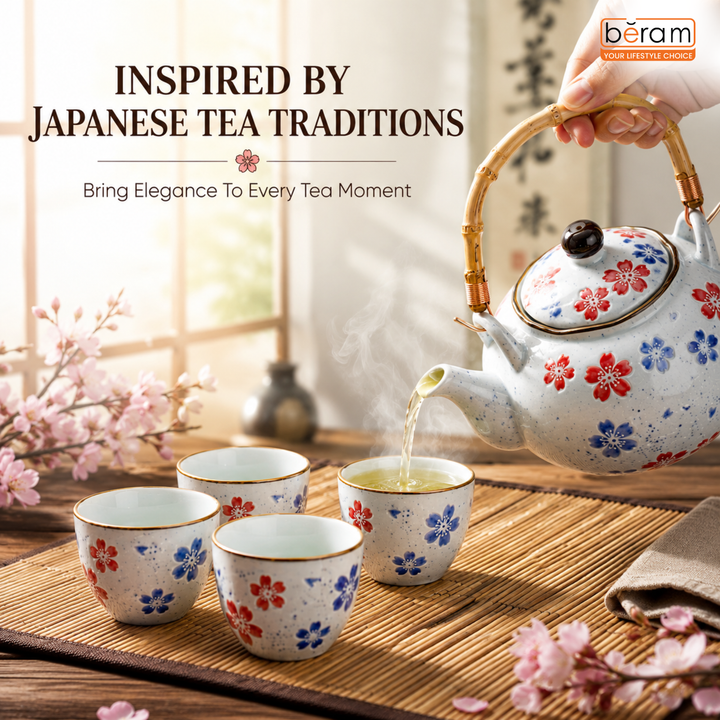 BERAM Porcelain 5 Pieces Tea Set Japanese Inspired Teapots and Cups Wooden Coasters Scratch Resistant Decorative Tea Set with Gift Packaging Multicolor Premium Serveware Home Decor