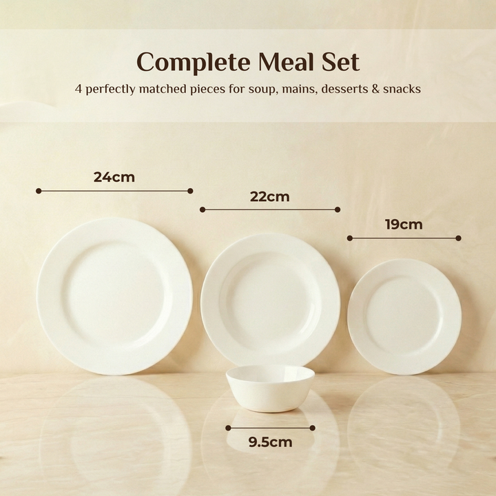 Luminarc White 4 PCS Ceramic Dinner Set  Soup Plate 22cm Dinner Plate 24cm Dessert Plate 19cm Bowl 9.5cm Tableware Set for Home & Restaurant