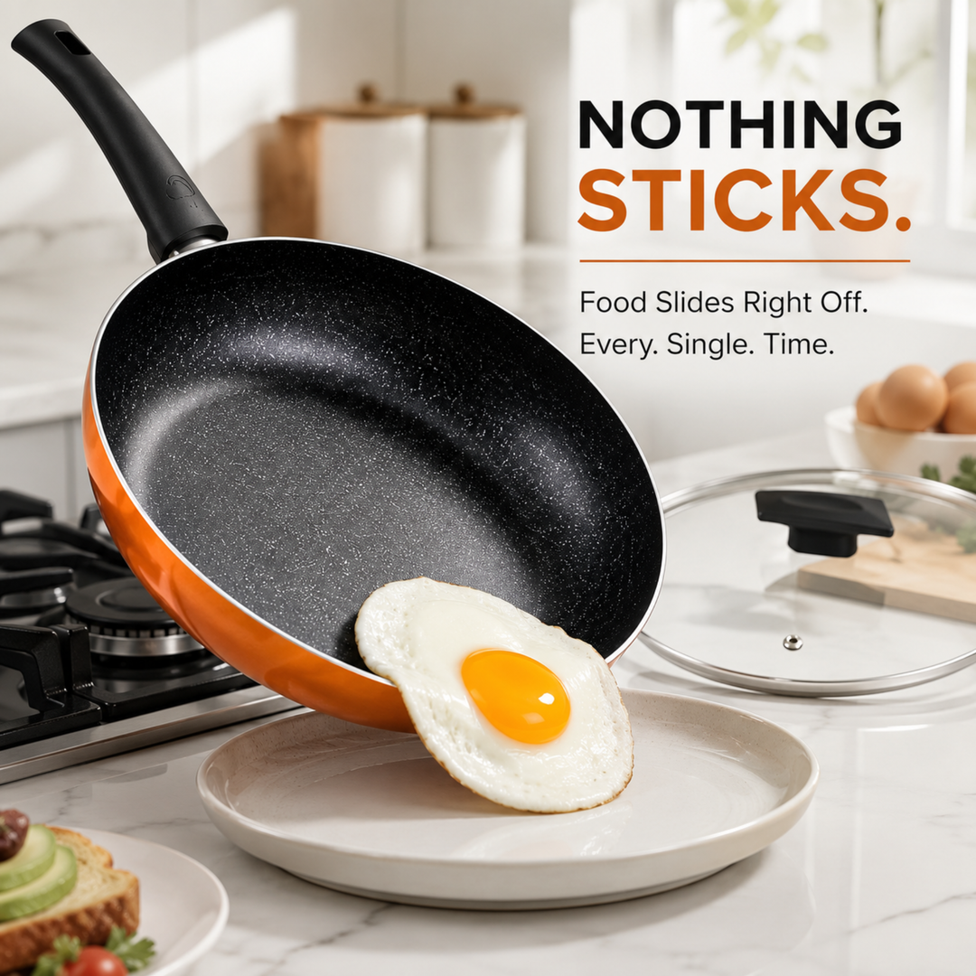 3-Piece Ultra Pressed Aluminium Non-Stick Induction Bottom Cookware Set – 28cm Fry Pan & 26cm Casserole with Lid, Rust Orange Finish, Even Heat Distribution