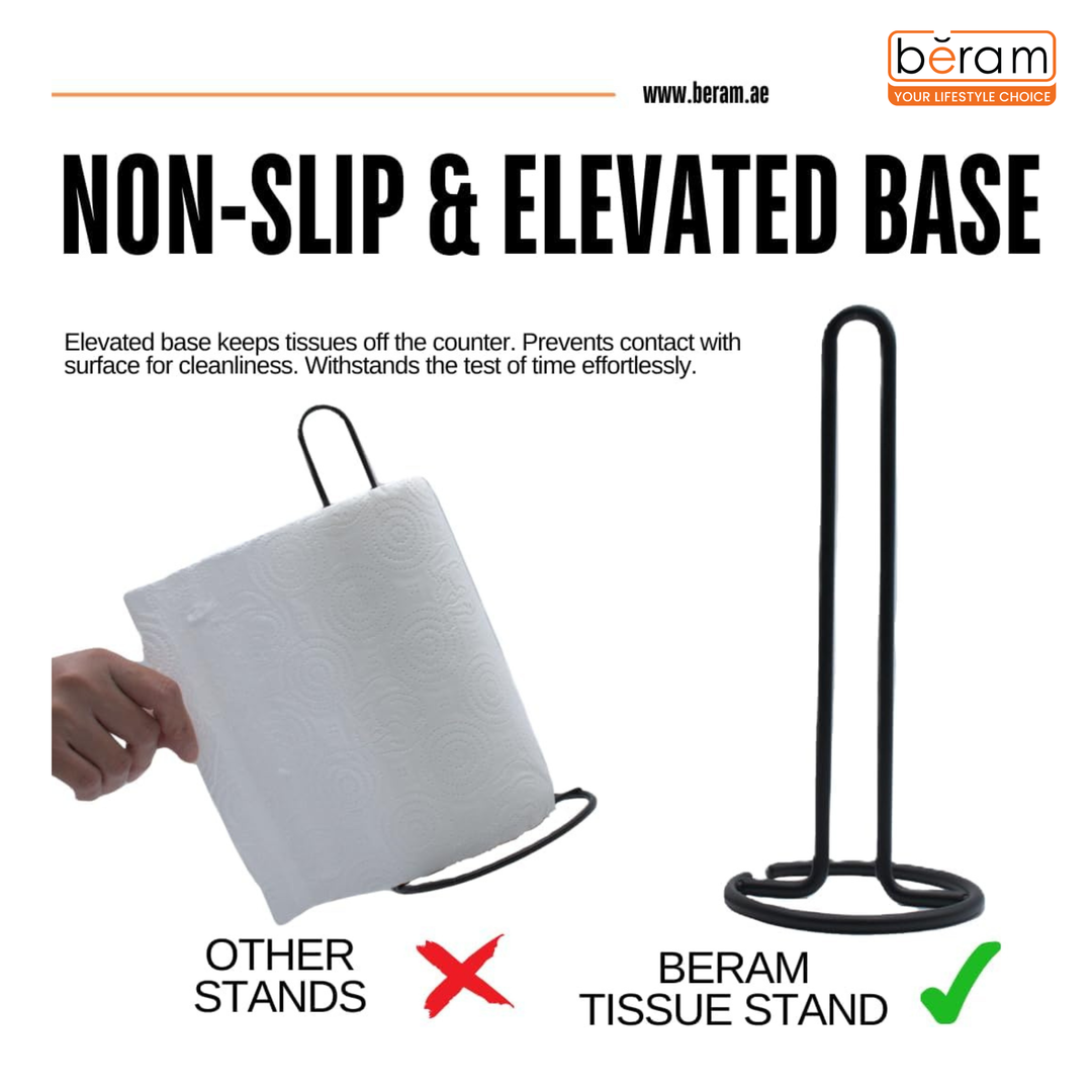 BERAM Tissue Holder for Kitchen Standing Premium Iron Black Paper Towel Stand Elevated Base Aesthetic Counter Top Rack Vertical Roll Stand for Hotels & Homes