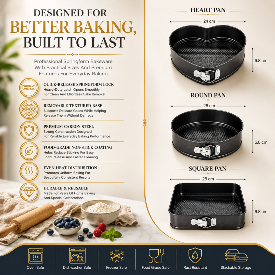 3 Piece Springform Cake Pan Set, Non Stick Carbon Steel Baking Tins with Removable Bottom & Quick Release Latch, Round 26cm Square 28cm Heart 24cm Bakeware for Cheesecake Pizza Cake Baking