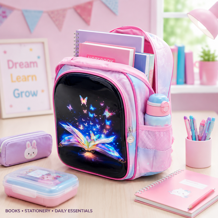 3D-Effect Printed School Backpack – Spacious Multi-Compartment School Bag with Front Zipper Pocket, 2 Side Bottle Pockets, Top Handle, Lightweight Design & Stylish Front Graphic