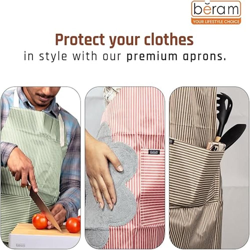 BERAM Unisex Bib Apron, Set of 3, Adjustable Kitchen Aprons, Storage Pockets, 2 Side Hand Wipe Coral Velvet Towels, Stitched, Pinstripe, Waterproof Cooking Aprons for Daily Use
