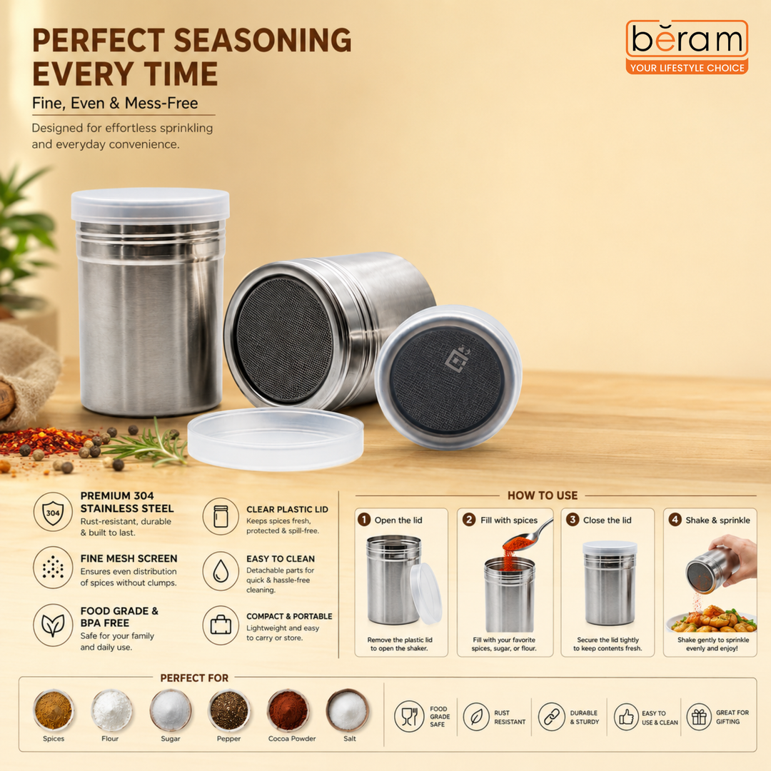 BERAM Sugar Shakers Stainless Steel Powder Shakers 3 Piece Set Seasoning Canisters with Lids Dry Food Storage Containers Cake Flour Sieve Dry Ingredients Sprinkler Kitchen Essentials