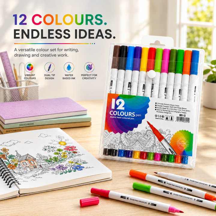 12 Colours Dual Tip Marker Pens Set, Water Based Colouring Pens with 1mm & 2mm Tips, Vibrant Double Head Art Markers for Drawing, Writing, Calligraphy, Illustration, School & Craft