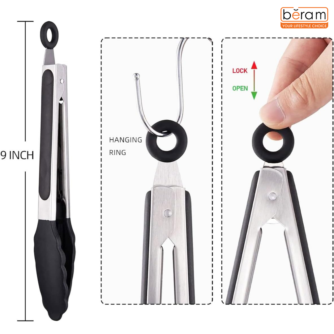 BERAM 270℃ Cooking Tongs, 9 Inch Silicone Kitchen Tongs with Non-Stick Rubber Tips, Padlock System & 18/8 Stainless Steel Handle for Grilling, BBQ, Frying, Serving, Heat Resistant, Non-Scratch