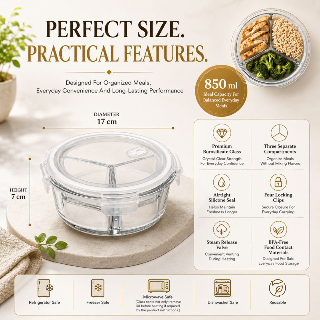 Glass Food Storage Container with Airtight Locking Lid Round 3 Compartment 850ml High Borosilicate Leakproof Meal Prep Lunch Box, Microwave Freezer Refrigerator Safe Glass Container for Food Storage