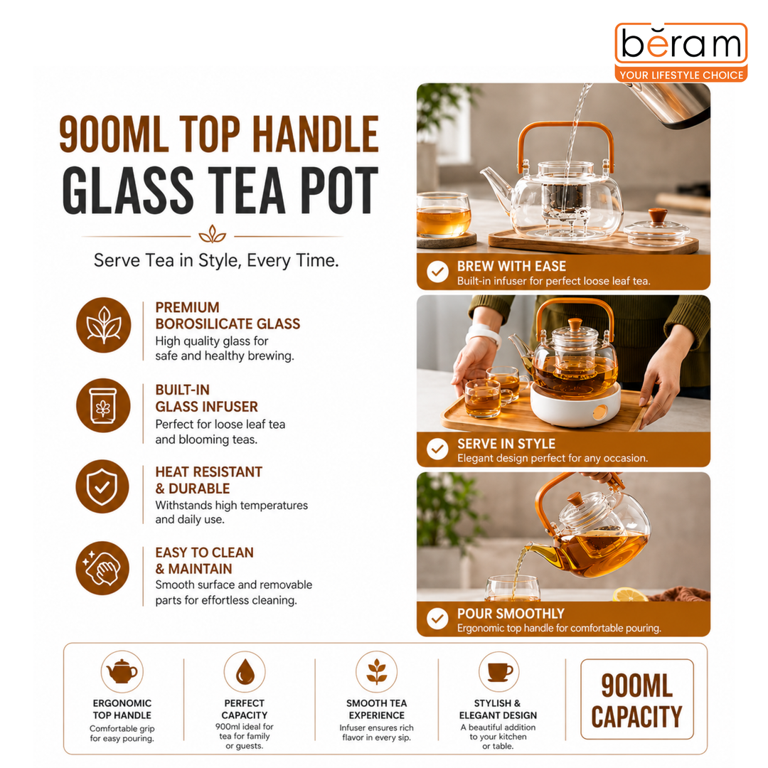 BERAM Glass Teapot with Removable Stainless Steel Infuser,900ml Borosilicate Clear Tea Kettle with Top Handle, Stovetop Safe Handcrafted Loose Leaf Tea Maker & Tea Brewer