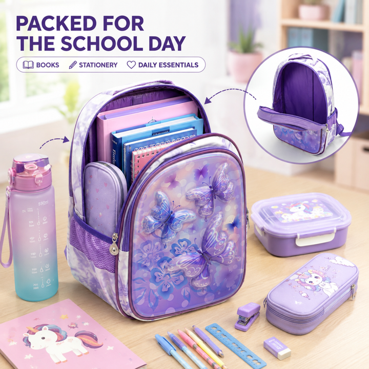 3D-Effect Printed School Backpack – Spacious Multi-Compartment School Bag with Front Zipper Pocket, 2 Side Bottle Pockets, Top Handle, Lightweight Design & Stylish Front Graphic