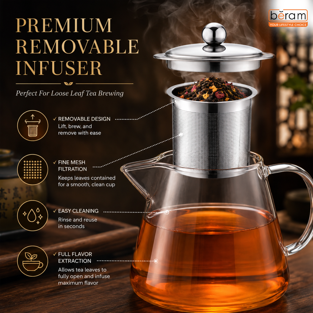 BERAM Glass Teapot with Removable 18/8 Stainless Steel Infuser – 450ml Flat Base Borosilicate Glass Tea Kettle, Stovetop Safe, Handcrafted Loose Leaf Tea Maker for Home or Office