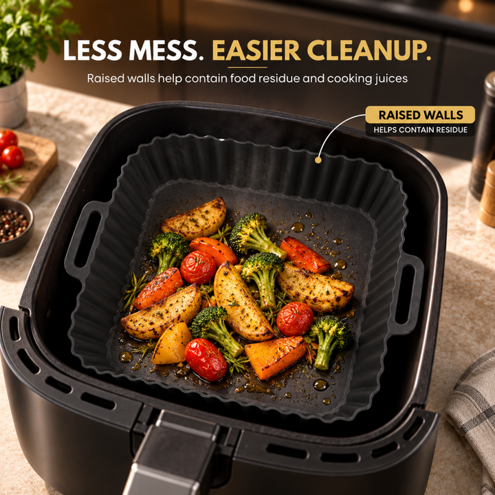 Beram Reusable Air Fryer Liner Square Black Non-Stick Food Grade Silicone Baking Mat Heat-Resistant Easy Clean Food Grade  For Air Fryers Ovens Microwaves Frying Roasting and Baking