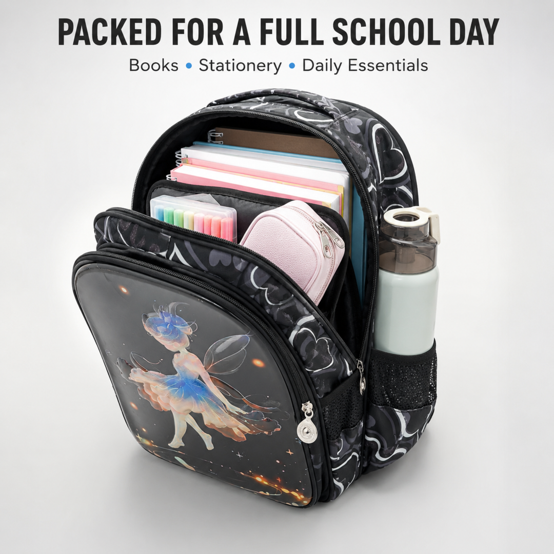 3D-Effect Printed School Backpack – Spacious Multi-Compartment School Bag with Front Zipper Pocket, 2 Side Bottle Pockets, Top Handle, Lightweight Design & Stylish Front Graphic