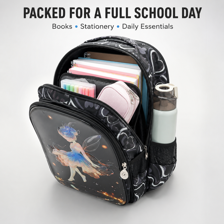 3D-Effect Printed School Backpack – Spacious Multi-Compartment School Bag with Front Zipper Pocket, 2 Side Bottle Pockets, Top Handle, Lightweight Design & Stylish Front Graphic