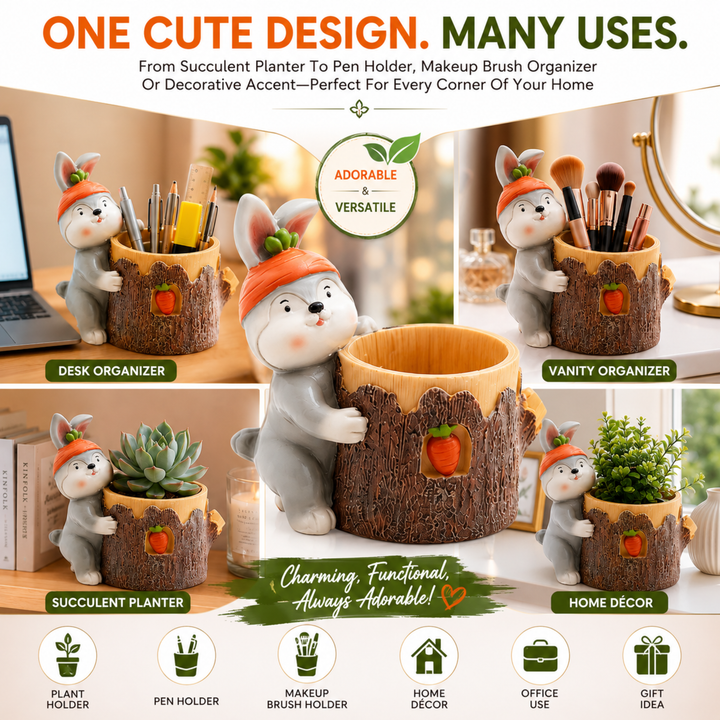 Animal Fruit Harvest Flower Pot Bunny Carrot and Bear Honey Bee Set Polyresin Cute Animal Succulent Planters Decorative Tree Trunk and Honey Pot Vase Desk Flower Pot Pen Pencil Holder Propagator Kit Indoor Outdoor Home Garden Decor