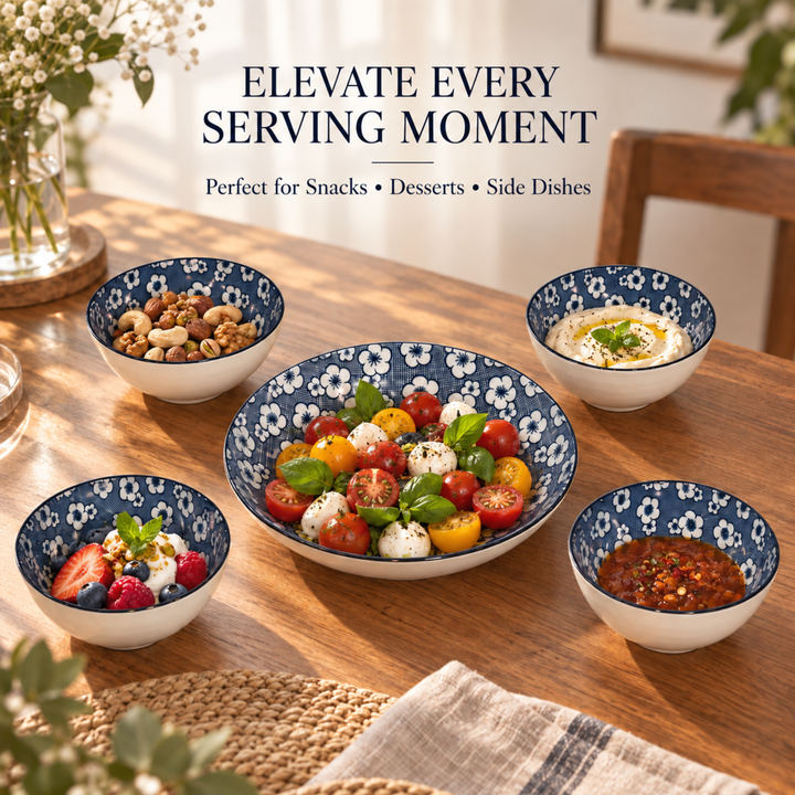 5-Piece Blue & White Ceramic Serving Bowl Set with Large Plate, Floral Pattern, 4 Individual Bowls for Snacks, Desserts, Salads & Side Dishes