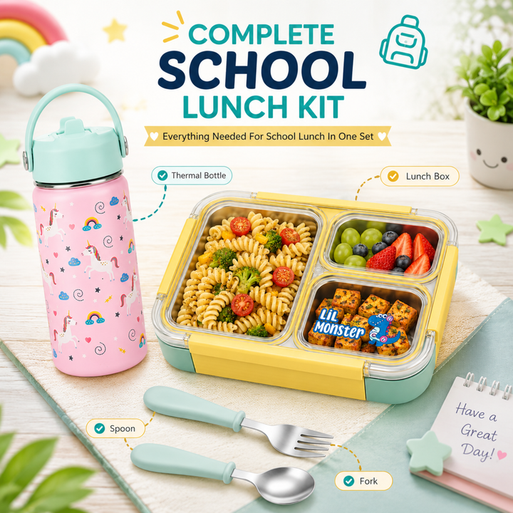 Beram Kids School Lunch Combo Set Stainless Steel Thermal Water Bottle 500ml Insulated Bento Lunch Box 780ml with Spoon Fork Cutlery BPA Free Leakproof