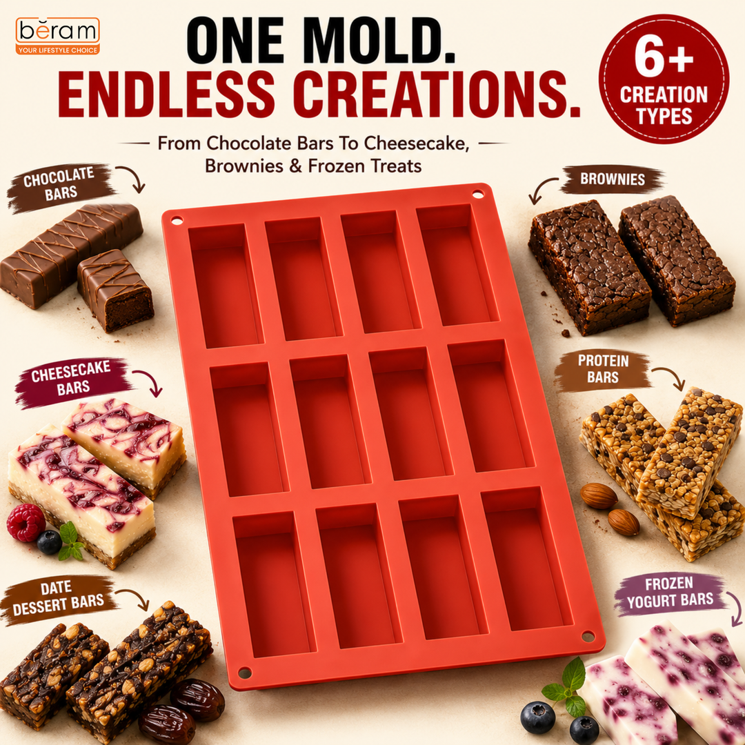 Beram Rectangle Silicone Mold Red, Non Stick, Flexible Bakeware Tray for Brownies, Cakes Bread Loaf Bars Pastries & Desserts Easy to Clean, Oven Microwave Dishwasher Safe – Heat Resistant up to 230°C