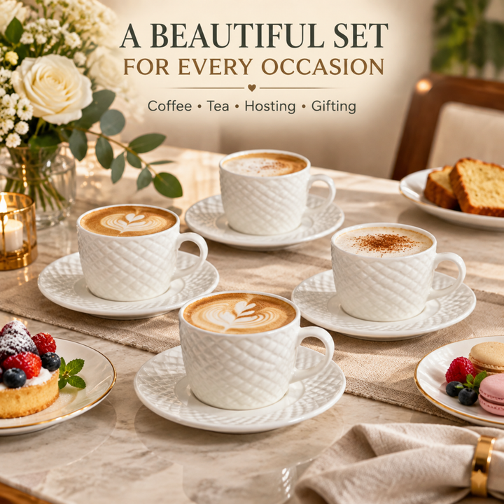 4-Piece White Ceramic Cup and Saucer Set, 390ml Coffee Tea Cups with Diamond Texture & Comfortable Handle, Elegant Drinkware for Home & Office