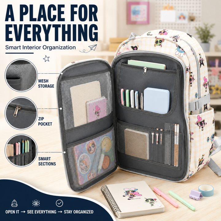 Powerpals School Bag, Lightweight Backpack with Multiple Compartments, Front Utility Pocket, Side Bottle Pockets & Adjustable Shoulder Straps