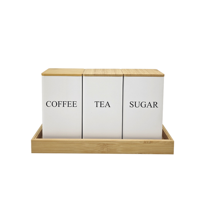 BERAM Metal Tea Coffee Sugar Container Set with Bamboo Lid Airtight Kitchen Storage Jars for Home and Kitchen Tea Box and Coffee Beans Container Set Modern Home Improvement Canisters