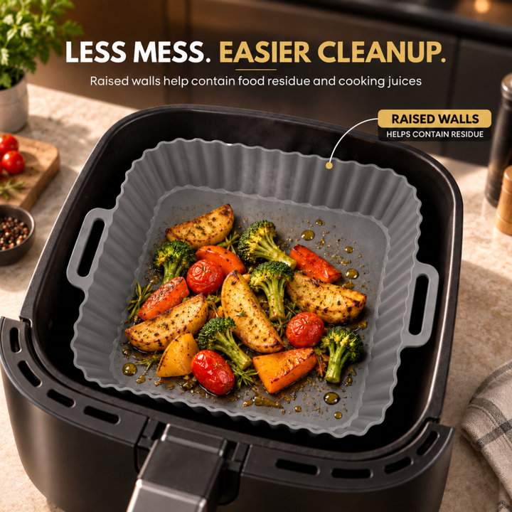 Beram Reusable Air Fryer Liner Square Grey Non-Stick Food Grade Silicone Baking Mat Heat-Resistant Easy Clean Food Grade For Air Fryers Ovens Microwaves Frying Roasting and Baking