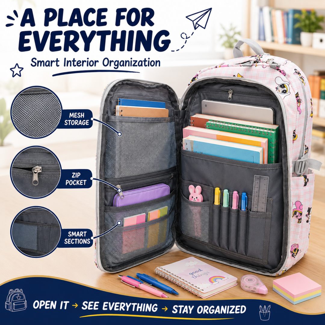 Powerpals School Bag, Lightweight Backpack with Multiple Compartments, Front Utility Pocket, Side Bottle Pockets & Adjustable Shoulder Straps